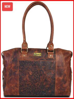 Genuine Leather Tote Bag with Flower Embossed Design for Work & Travel